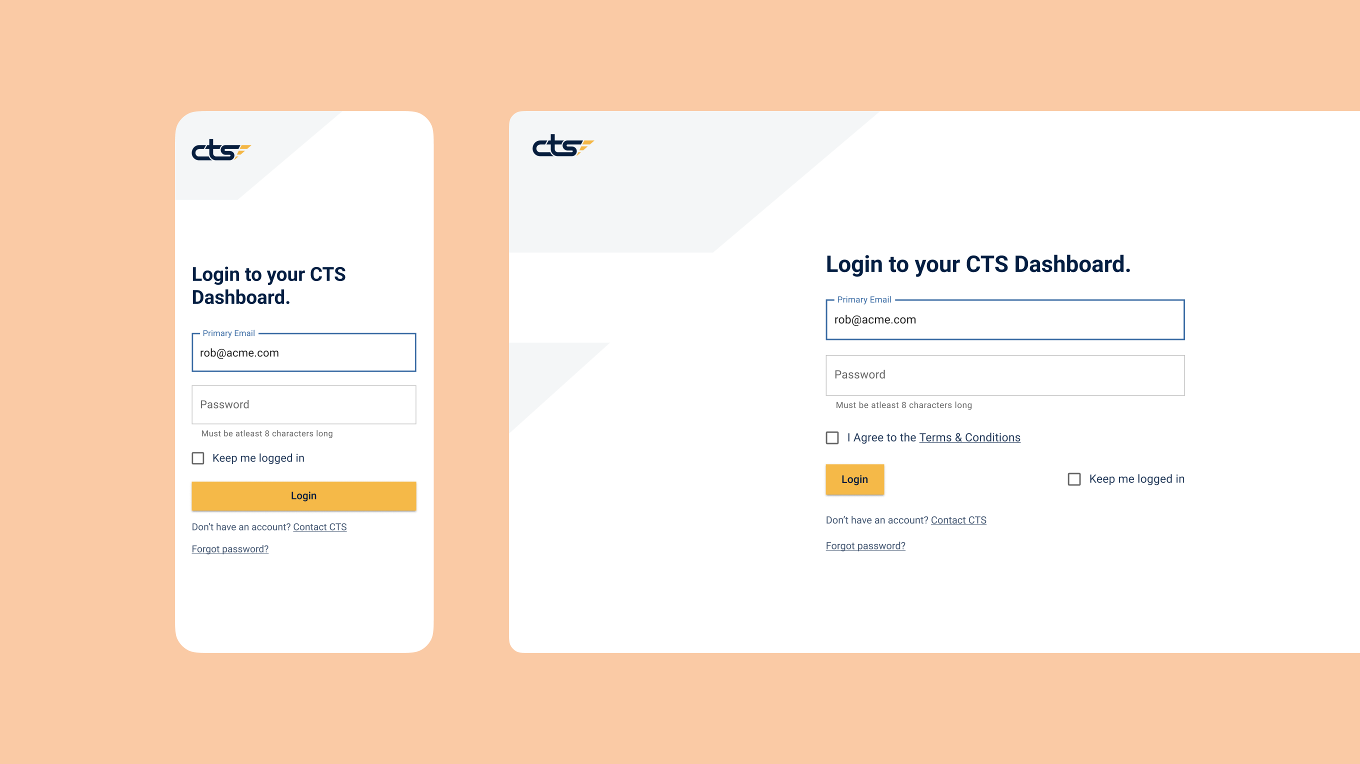 CTS app login screens