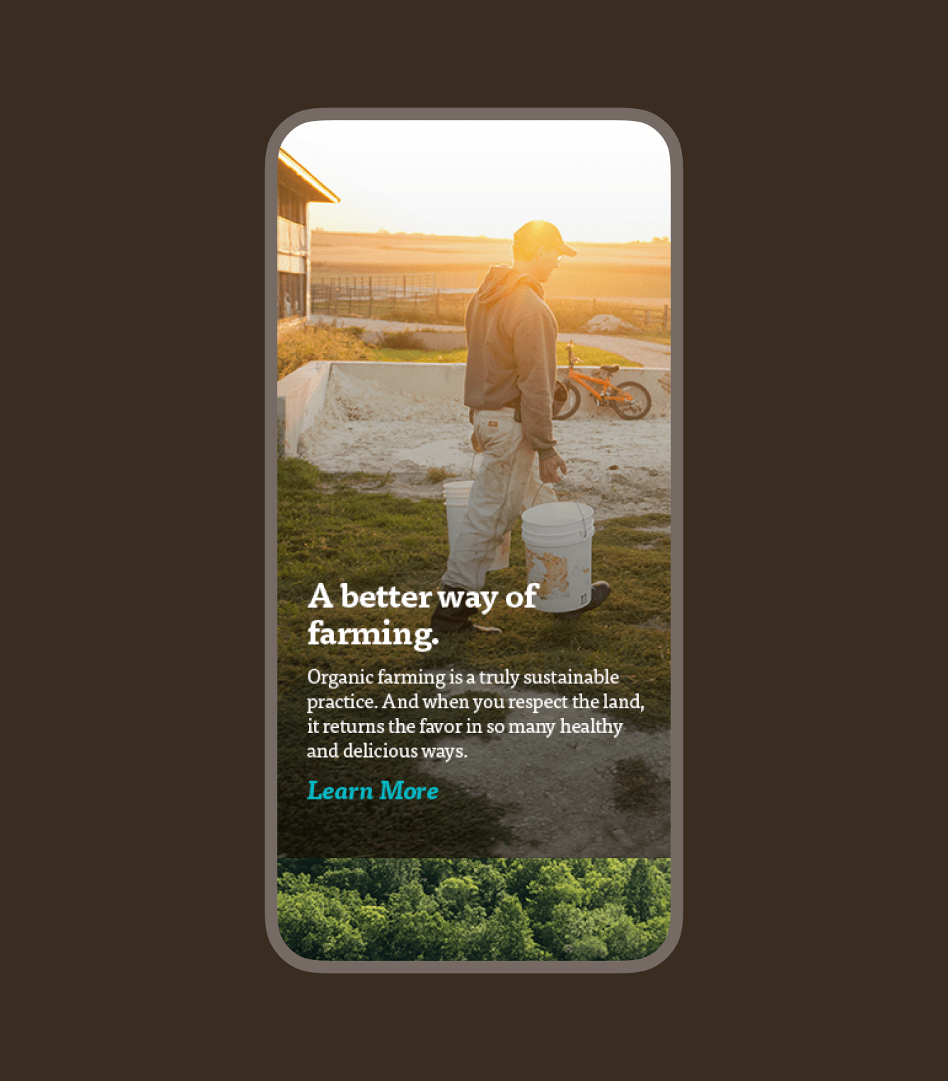 Mobile screen showing a farmer carrying buckets before sunset